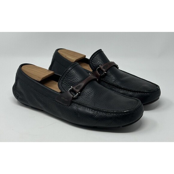 Ferragamo Grand Prix Gancini Bit Black Pebbled Leather Driving Loafers 8.5 EEE